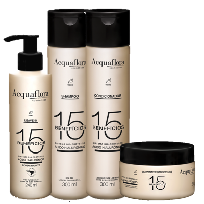 Acquaflora 15 Beneficios Shampoo Condicionador Máscara e Leave-in (4 produtos)