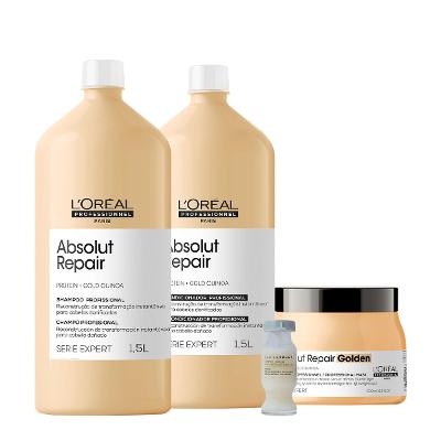 L'Oreal Professionnel Absolut Repair Salon Golden Shampoo Condicionador Litro Máscara G e Ampola (4 produtos)