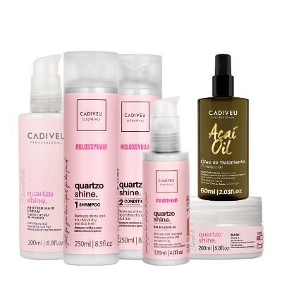 Kit Cadiveu Professional Quartzo Shine Shampoo Condicionador Máscara Pré-Shampoo Leave-in e Açaí Oil 60 (6 produtos)