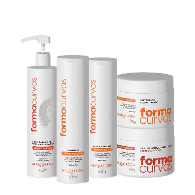 Kit Acquaflora Forma Curvas Shampoo Condicionador Tratamento Condicionante Creme de Pentear Cachos e Gelatina Intensa (5