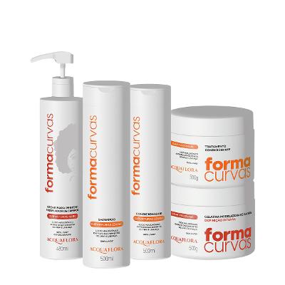 Kit Acquaflora Forma Curvas Shampoo Condicionador Tratamento Condicionante Creme de Pentear Crespos e Gelatina Intensa (