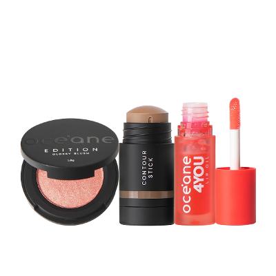 Kit Océane Edition Mini Blush Glossy Rose Pink Contorno Marrom Médio e Lip Oil Punch (3 produtos)