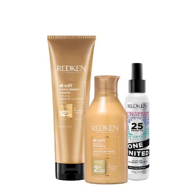 Kit Redken All Soft One United Shampoo Máscara 250 Leave-in (3 produtos)