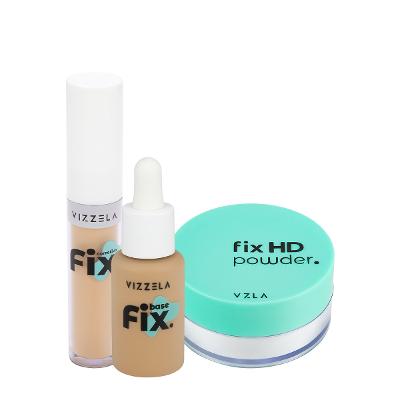 Kit Vizzela Fix HD Powder Cor 6 Base Corretivo Pó Translúcido (3 produtos)
