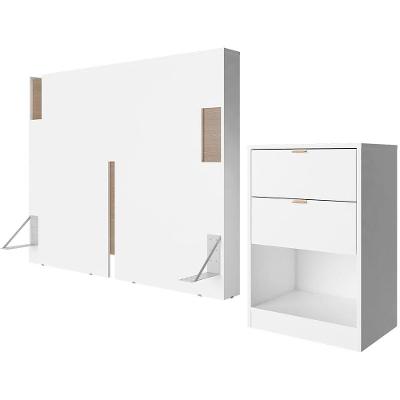 Cabeceira para Cama Box Casal e Queen Bartira Diplomata com Revestimento em Pintura UV + Mesa Bartira Diplomata com 2 Gavetas - Branco/Avelã