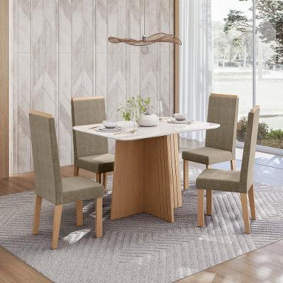Conjunto de Mesa Sonetto Isa 120cm 4 Cadeiras Tampo de Vidro Veludo Estofado Design Moderno Sofisticado Mel Off White Caramelo