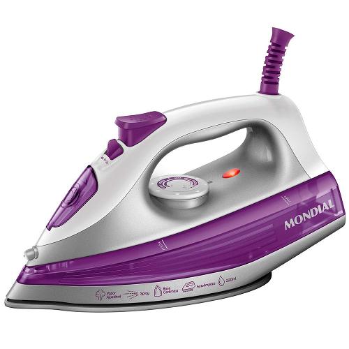 Ferro de Passar a Vapor Mondial FVN-01-P com Spray e Base Cerâmica Diamante – Branco/Roxo