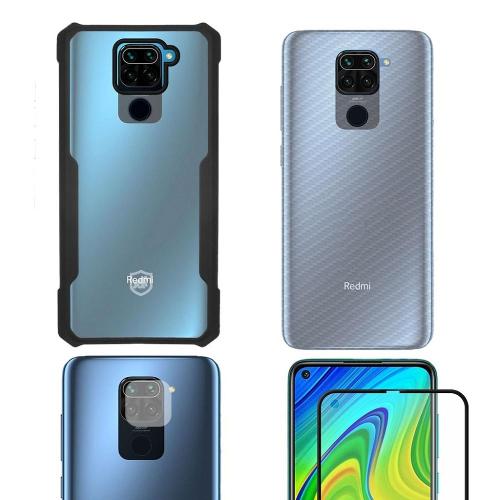 Película Defender Glass + Camera + Fibra de Carbono + Capa case capinha Dual Shock X Para Redmi Note 9 - Gshield