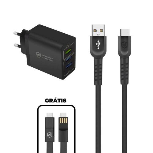 Kit Carregador Triplo Turbo + Cabo Dual Shock Tipo C + Cabo 3 em 1 - Gshield