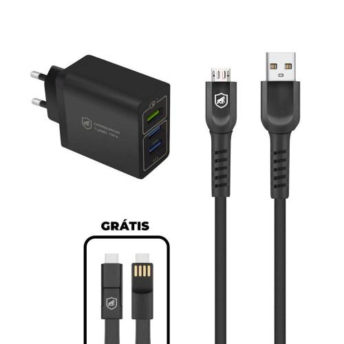 Kit Carregador Triplo Turbo + Cabo Dual Shock Micro USB V8 + Cabo 3 em 1  - Gshield