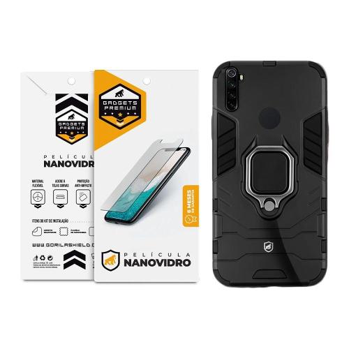 Kit Capa case capinha Defender Black e Pelicula Nano Vidro para Xiaomi Redmi Note 8 - Gshield