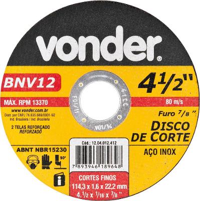 Disco Corte 114,3x1,6x22,22 2 Telas Aço Carbono E In Vonder