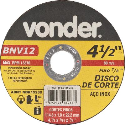 Disco Corte 114,3x1,0x22,22 2 Telas Aço Carbono Vonder