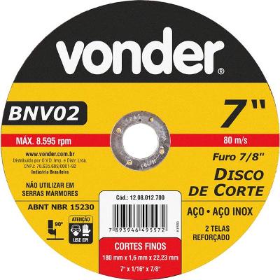 Disco Corte 180,0x1,6x22,23 2 Telas Aço Carbono E In Vonder
