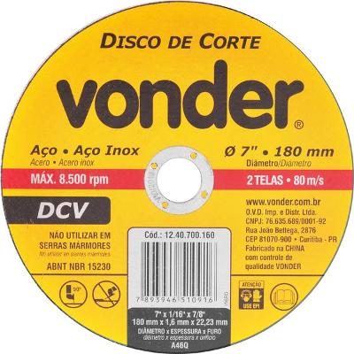 Disco de corte 180,0x1,6x22,23 p/ aço carbono e inox Vonder