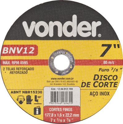 Disco Corte 177,8x1,6x22,22 2 Telas Aço Carbono E In Vonder