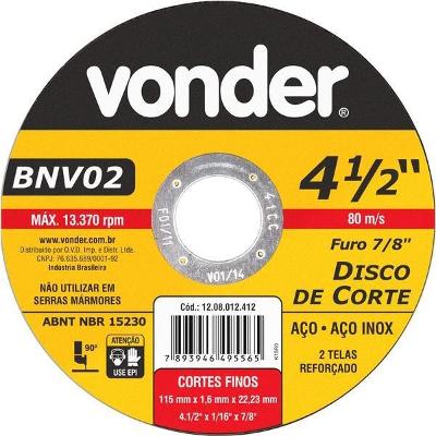 Disco Corte 115,0x1,6x22,23 2 Telas Aço Carbono E In Vonder
