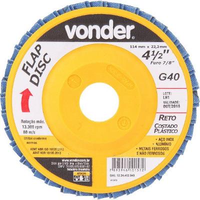 Flap Disc 4.1/2 G40 Costado Pvc Reto Aço Carbono Ino Vonder
