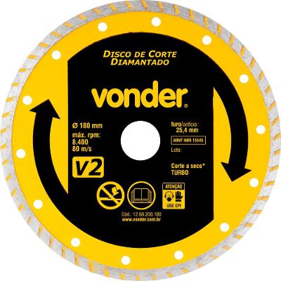 Disco diamantado 180mm turbo furo 25mm v2 Vonder