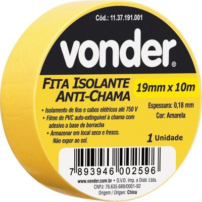 Fita isolante pvc 19mmx10m amarela anti chama peça Vonder