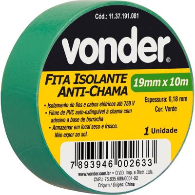 Fita isolante pvc 19mmx10m verde anti chama peça Vonder
