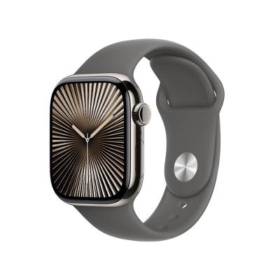 Apple Watch Series 10 GPS + Cellular • Caixa natural de titânio – 42 mm • Pulseira esportiva cinza-pedra – P/M