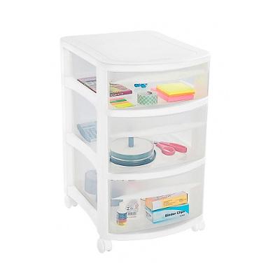 Gaveteiro Plástico Retangular Médio com 3 Gavetas Médias e Rodas Branco/Transparente Log Ordene