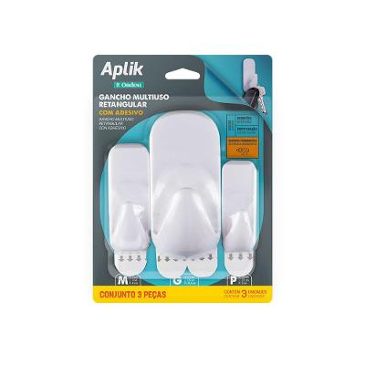 Kit Ganchos Adesivos Plásticos Retangular Branco Aplik Ordene 3 Peças