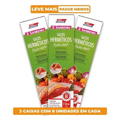 Kit 24 Sacos Plásticos Herméticos Fecho Duplo 3L Vac Freezer Sanremo