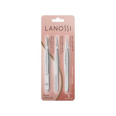 Kit Pinças com Ponta Reta, Chanfrada e Fina em Aço Inox Lanossi 3 Unidades