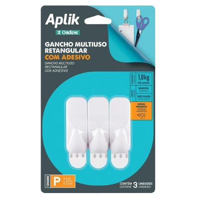 Gancho Adesivo Plástico Retangular Pequeno Branco Aplik Ordene 3 Peças