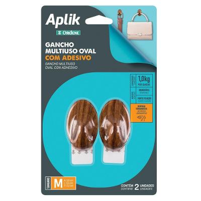 Gancho Adesivo Plástico Oval Médio Madeira Aplik Ordene 2 Peças