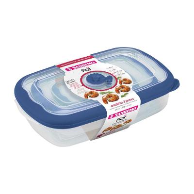 Kit 3 Potes Plásticos Retangulares Herméticos Azul 430ml, 1,26L, 2,4L Flor Sanremo