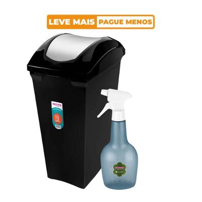 Kit Lixeira Tampa Basculante Preta 15L + Borrifador Spray Azul 580ml Sanremo