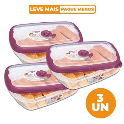 Kit com 3 Potes Plásticos Retangulares Herméticos Açaí 1,26L Flor Sanremo