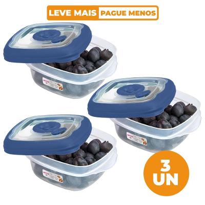 Kit 3 Potes Plásticos Quadrados Herméticos Azul 280ml Flor Sanremo