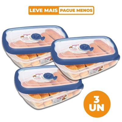 Kit com 3 Potes Plásticos Retangulares Herméticos Azul 1,26L Flor Sanremo