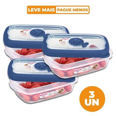 Kit 3 Potes Plásticos Retangulares Herméticos Azul 430ml Flor Sanremo