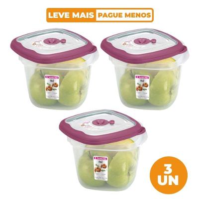 Kit 3 Potes Plásticos Quadrados Herméticos Açaí 1,6L Flor Sanremo