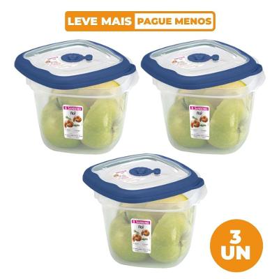 Kit 3 Potes Plásticos Quadrados Herméticos Azul 1,6L Flor Sanremo