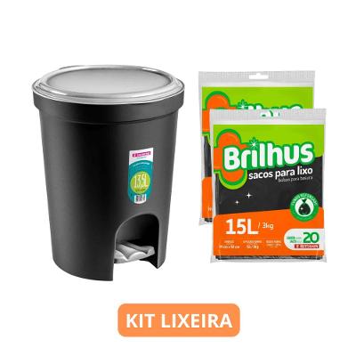 Lixeira Plástica Redonda com Pedal Preta/Prata 13,5L Sanremo + 40 Saco de Lixo Almofada 15L Brilhus Bettanin