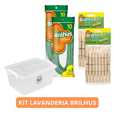 Kit Lavanderia Prendedor de Roupas Madeira, Corda para Varal 10m Brilhus e Caixa Organizadora