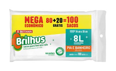 Saco de Lixo em Rolo 8L Mega Econômico Brilhus Bettanin 100 Unidades