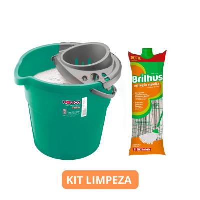 Kit Balde com Escorredor 9L + Refil Mop Esfregão Algodão Brilhus