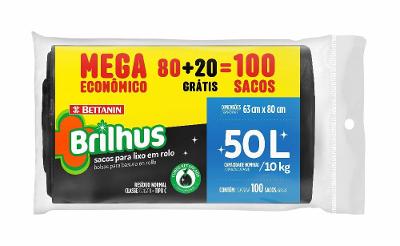 Saco de Lixo em Rolo 50L Mega Econômico Brilhus Bettanin 100 Unidades