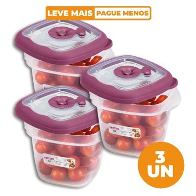 Kit 3 Potes Plásticos Quadrados Herméticos Açaí 450ml Flor Sanremo
