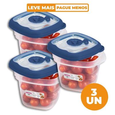 Kit 3 Potes Plásticos Quadrados Herméticos Azul 450ml Flor Sanremo