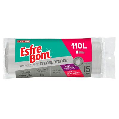 Saco de Lixo em Rolo com Fundo Reforçado Transparente 110L EsfreBom Bettanin 15 Unidades