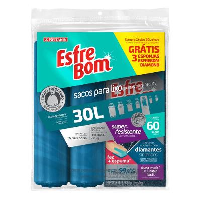 Saco de Lixo em Rolo com Fundo Reforçado Azul 30L com Kit Esponja Multiuso Diamond EsfreBom Bettanin