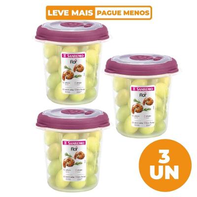 Kit 3 Potes Plásticos Redondos Herméticos Açaí 480ml Flor Sanremo